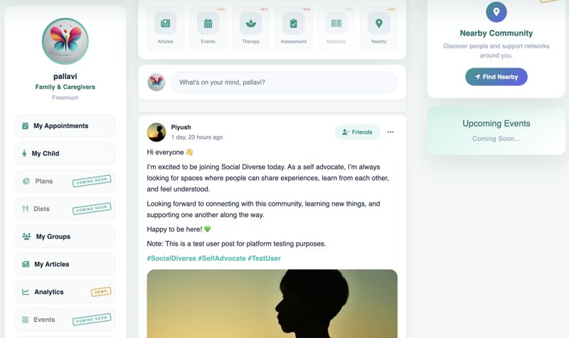 Brand Engagement: A screenshot of a social platform interface designed specifically for neurodiverse needs. It is clean, low-stimulation with pastel blues and grays, features optional accessibility toggles for sensory needs, and highlights clarity over likes. A user profile shows an expert badge related to their special interest.