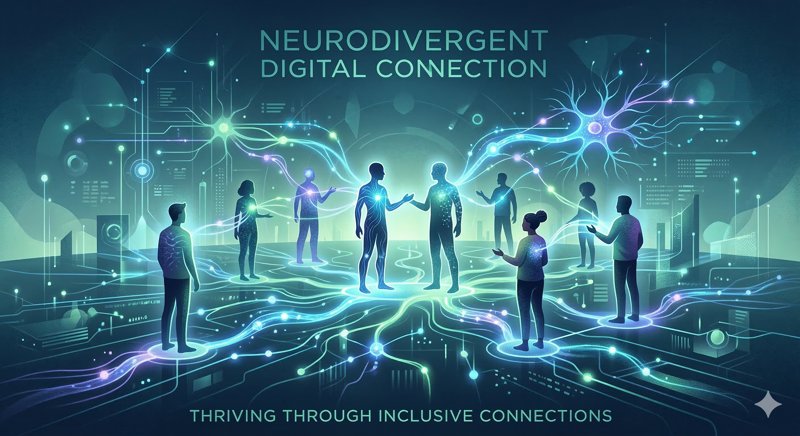 Hero Image: A high-quality, modern digital illustration showing glowing, vibrant neural pathways connecting abstract human silhouettes. The style should be uplifting, tech-forward, and use calming, low-stimulation colors like deep blues and soft greens to represent neurodivergent digital connection.