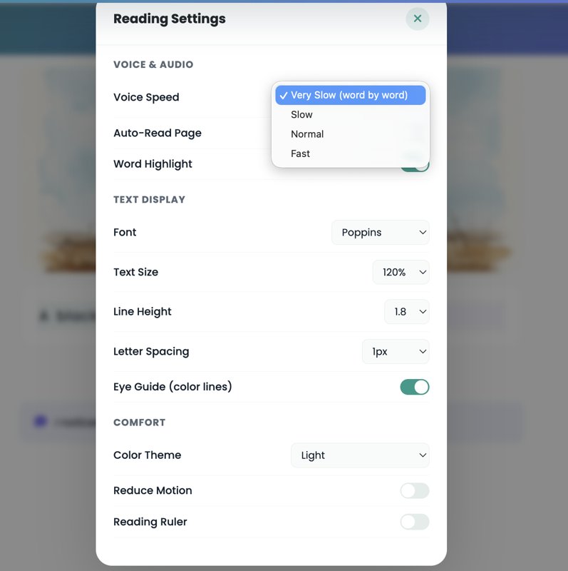 Reading Settings — Voice, Text Display, and Comfort controls