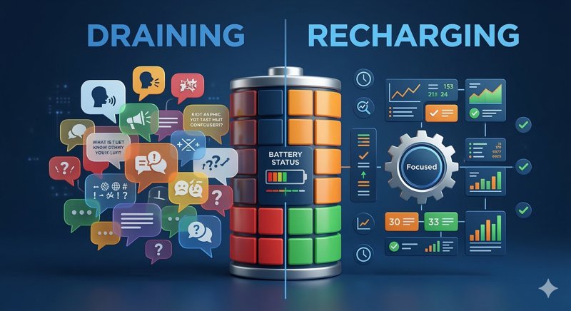 Infographic: A clean, minimalist 3D infographic showing a battery draining and recharging. The draining side shows chaotic, overlapping speech bubbles. The recharging side shows structured, organized data blocks and a single focused gear icon. High contrast, modern corporate style.